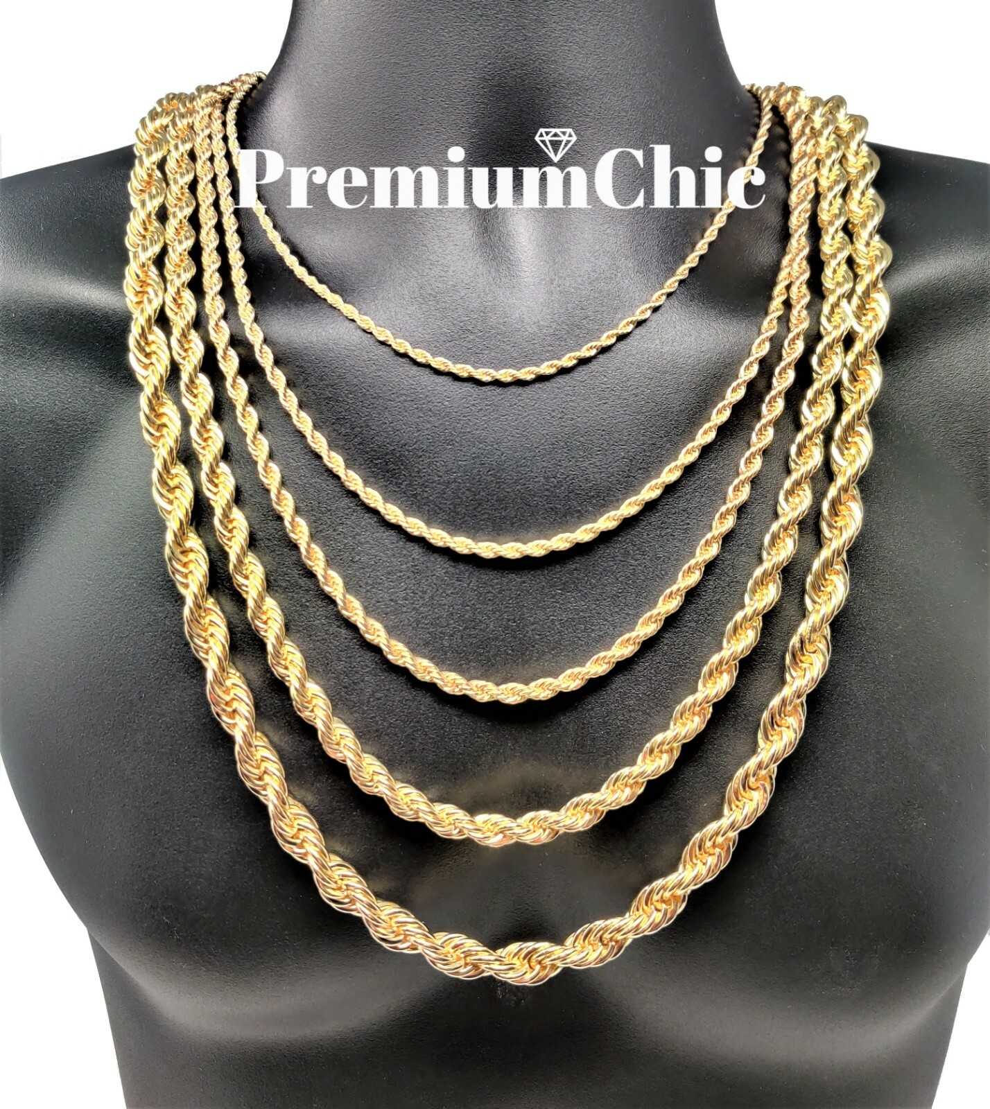 Rope Chain Necklace 3mm to 10mm 16″ to 30″ 14K Gold Plated Mens Hip Hop Jewelry