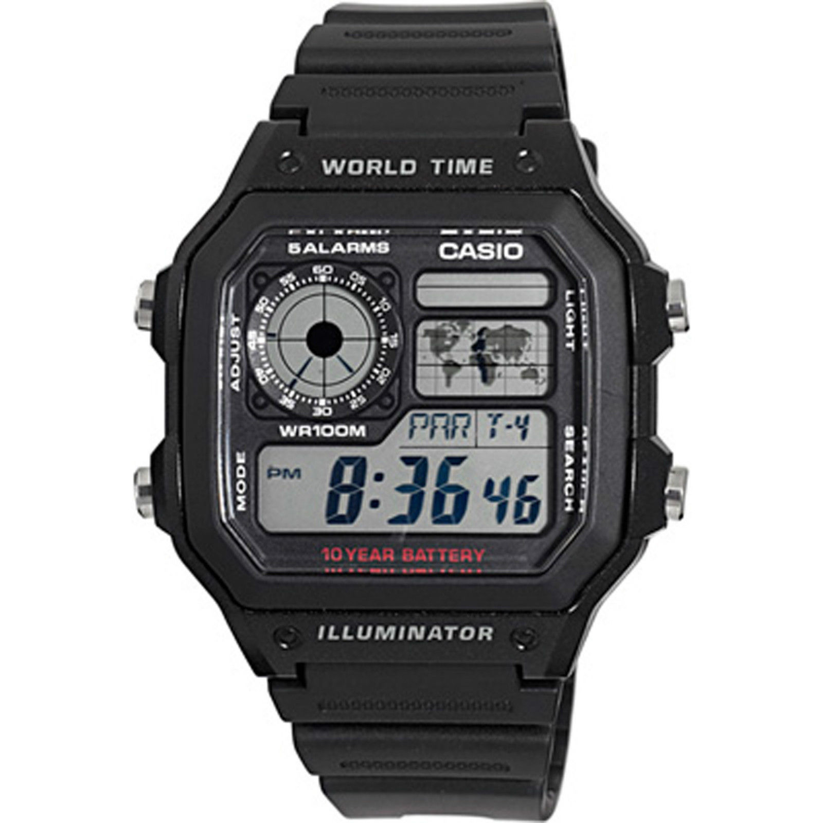 Casio AE1200WH-1AV, World Time Watch, Chronograph, 5 Alarms, 10 Year Battery