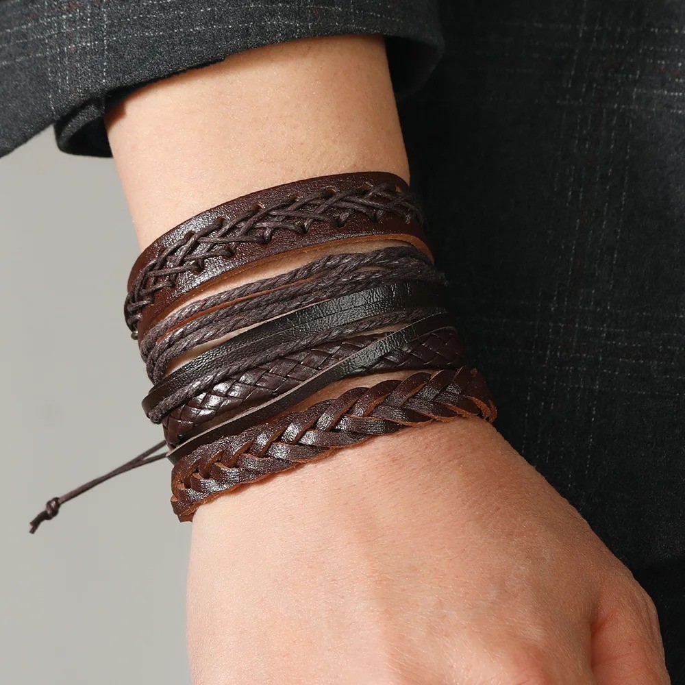 Vintage Braided Leather Bracelet Set 6PCS Adjustable Stackable Wristbands Men