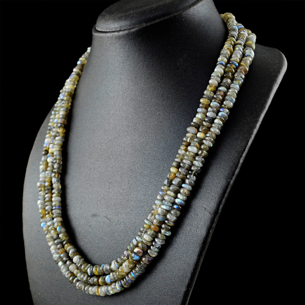 465.00 Cts Natural 3 Strand Blue Flash Labradorite Round Beads Necklace (DG)