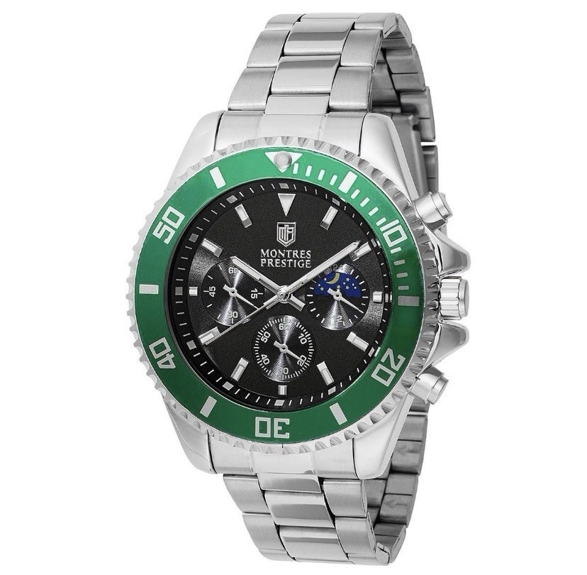 Montres Prestige Men’s Quartz Watch 42mm Black Dial Green Bezel Steel 30m