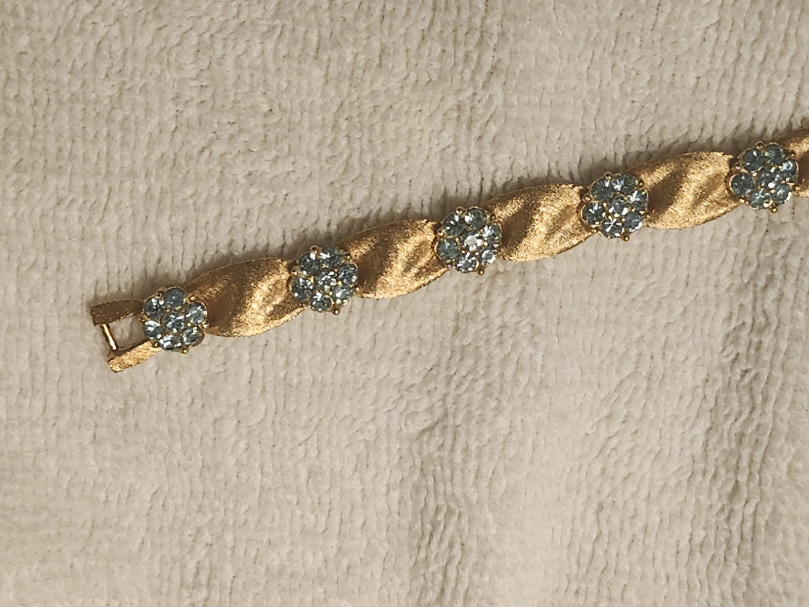 Gold Tone Bar Link Tennis Bracelet Blue Round Crystal Cluster Box Clasp
