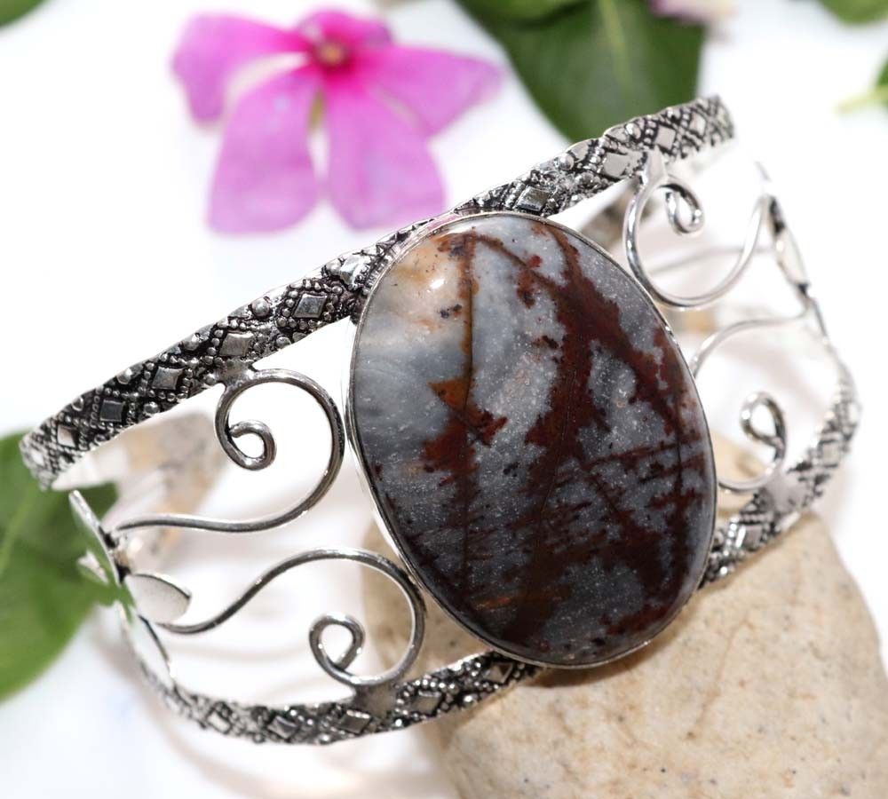 925 Silver Plated Huge Picasso Jasper Bangle 6.5″ Everyday Wear Design Trendy GW