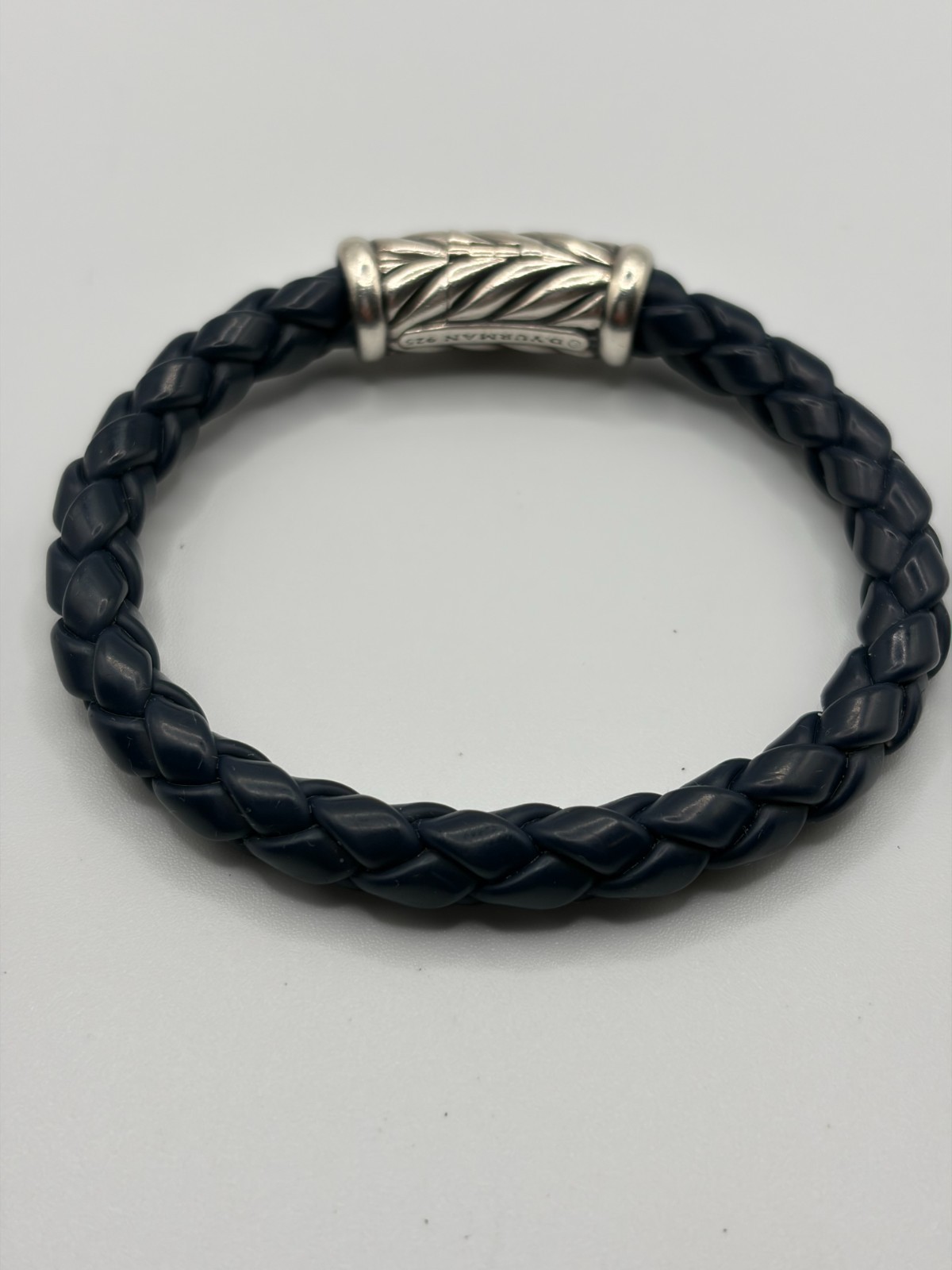 David Yurman Chevron Blue Rubber Sterling Silver Bracelet 7.5″ 8mm