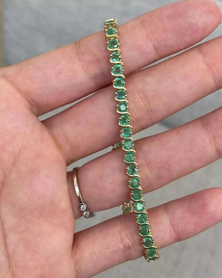 7 Ct Round Cut Lab Created Green Emerald 14K Yellow Gold Plated Tennis Bracelet