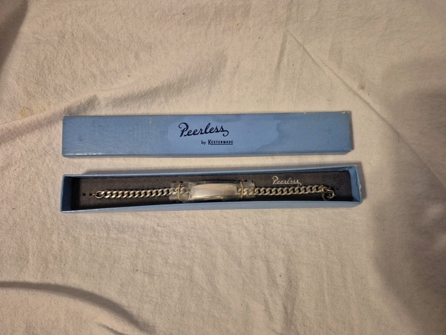 VTG PEERLESS SILVERPLATE ID BRACELET NEVER REMOVED FROM BOX READY FOR ENGRAVING