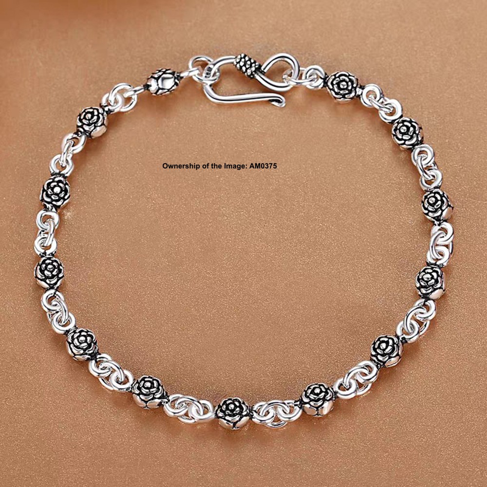 Gift-Ready Pure 925 Sterling Silver ROLO Chain Bracelet with Rose Pattern Beads