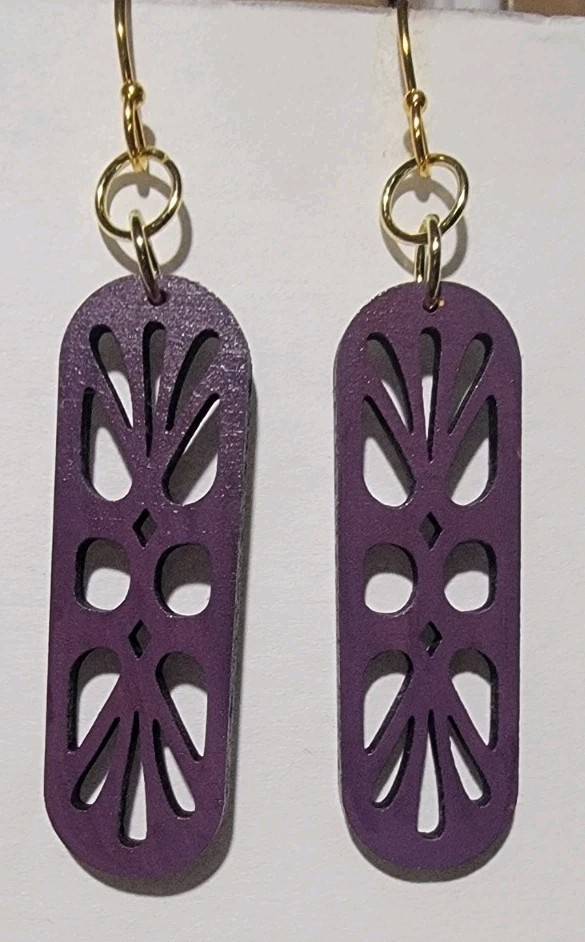 Purple Wooden Rectangle Cutout Dangle/Drop Hook Earrings, No Stone