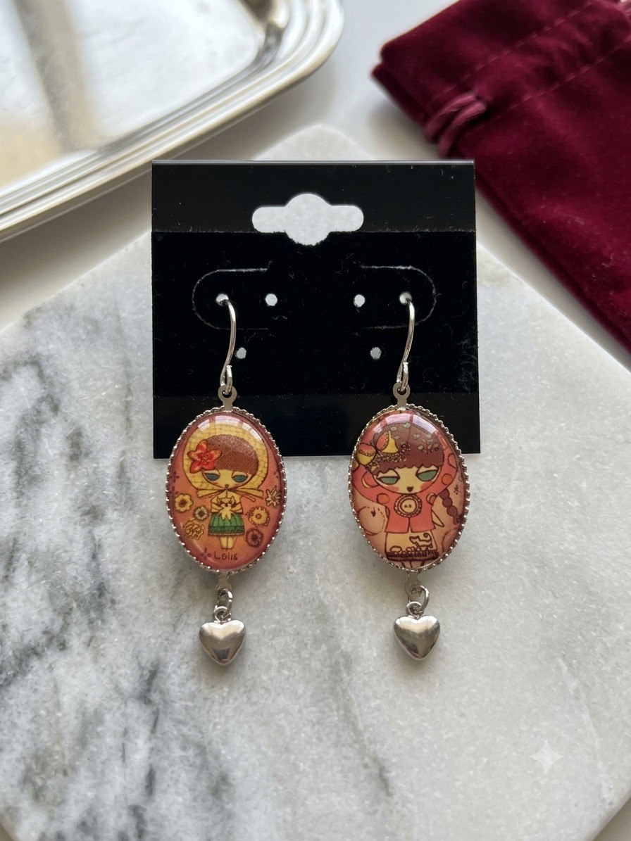 Kawaii Anime Girl Portrait Cameo Dangle Earrings Silver Tone Heart Charm Drop