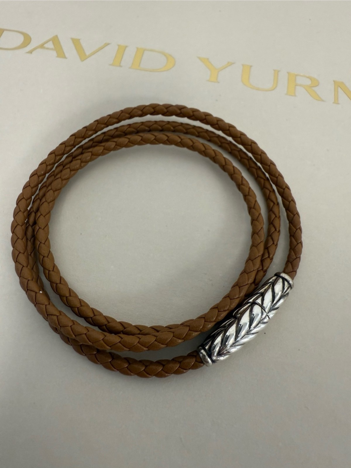 David Yurman Sterling Silver Chevron Triple Wrap Brown Leather Bracelet Small