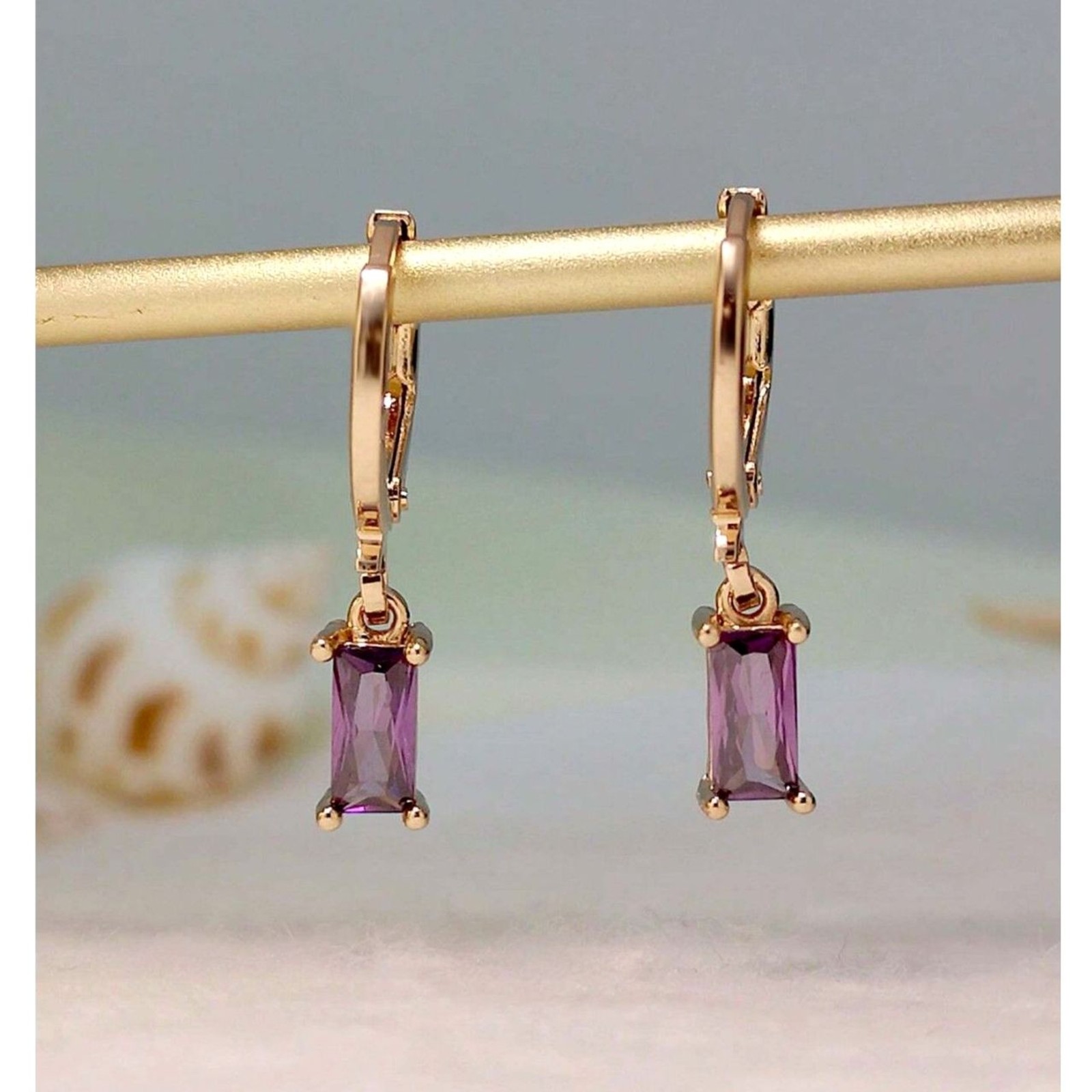 Emerald Cut Purple Zirconia Gold Hoop Earrings Dangle Pendant Drop Crystal Charm