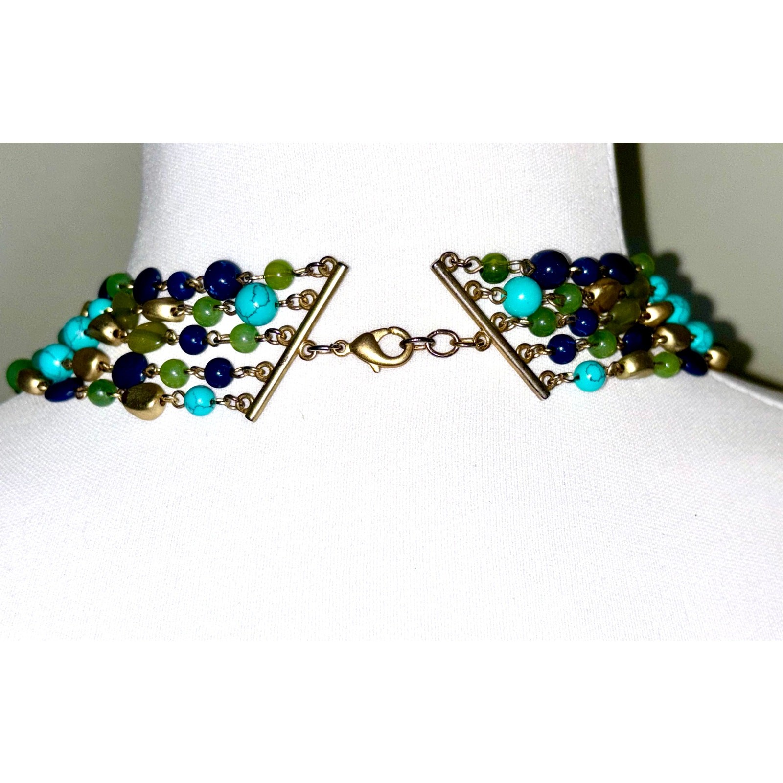Vintage Multistrand Beaded Statement Necklace – Blue Green Gold