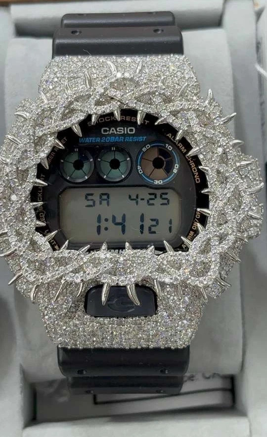 Original Casio G-Shock DW6900 925 Silver VVS Moissanite Thorn Iced Watch