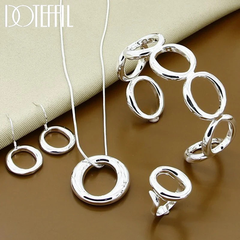 925 Sterling Silver Round Jewelry Set Necklace Bracelet Ring Earrings Gift