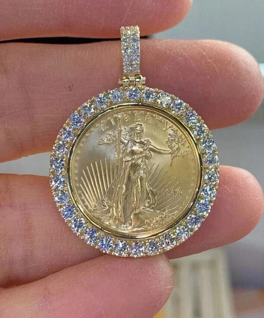 2 Ct Round Cut Lab Created Diamond Liberty Coin Pendant 14K Yellow Gold Plated