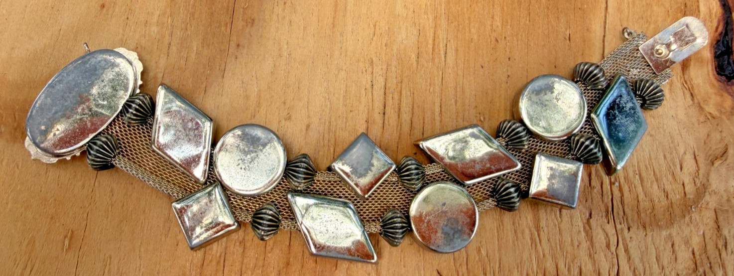 Vintage Mesh Sliding Charm Bracelet Abalone Mother of Pearl Pik NY Rare Unique!