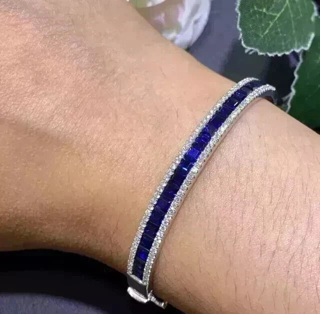 14K White Gold Plated 5Ct Princess Cut Lab Created Sapphire Bangle Bracelet