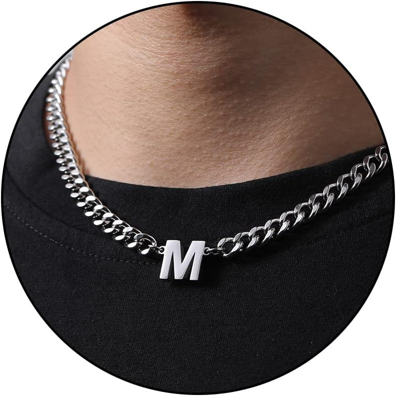Initial A-Z Cuban Link Chain Necklaces for Men Boys Letter Pendant Stainless Ste