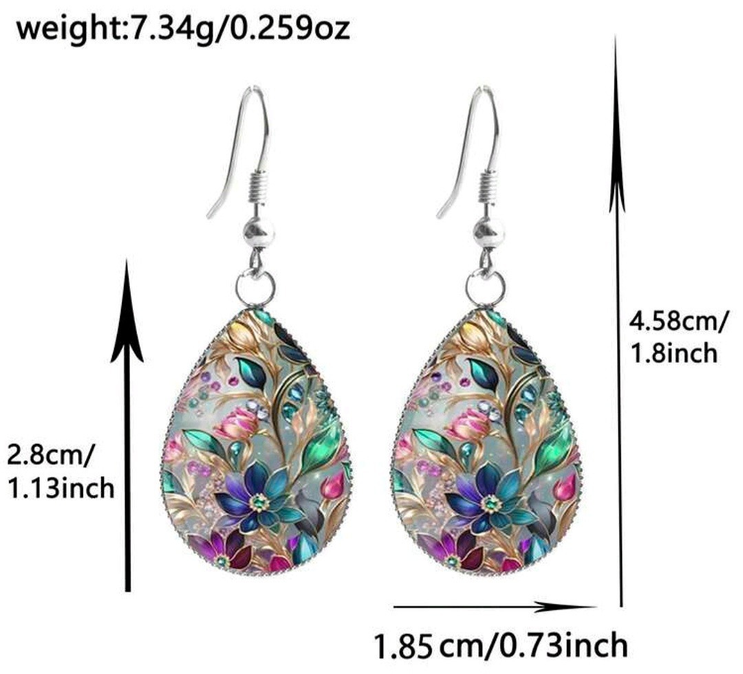 Boho Silver Multi-Color Floral Teardrop French Hook Earrings Approx 1.8″L