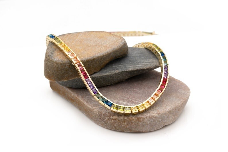 30 ctw Created Princess Rainbow Sapphire 14K Gold Plated Tennis Women’s Necklace