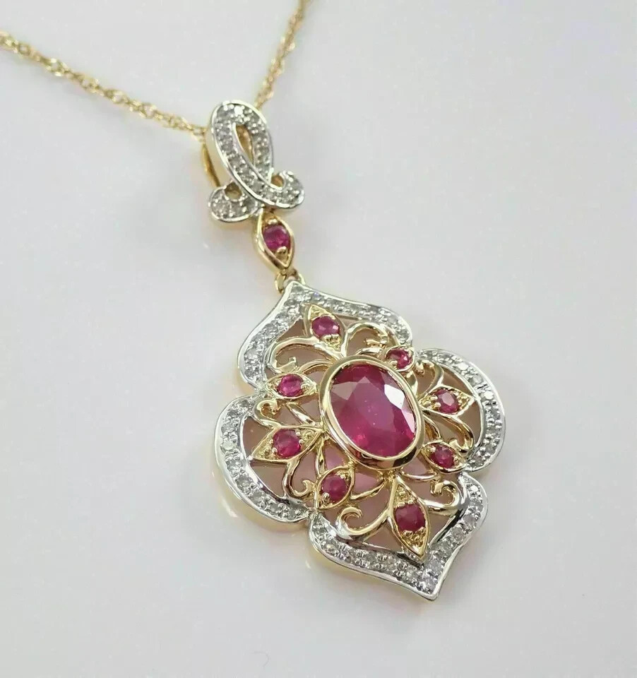 2Ct Ruby Lab Created Oval Cut Pendant 14K Yellow/White Gold Over Free Chain