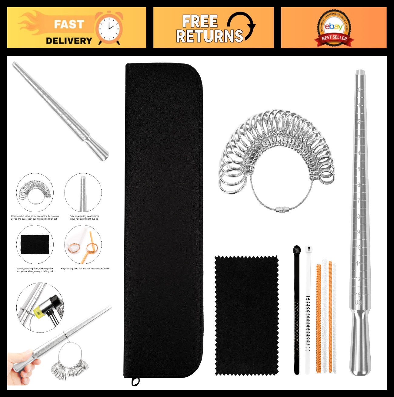 10 Pcs Ring Sizer Set – Gauge, Mandrel, Adjuster, Polishing Cloth & Size Tape