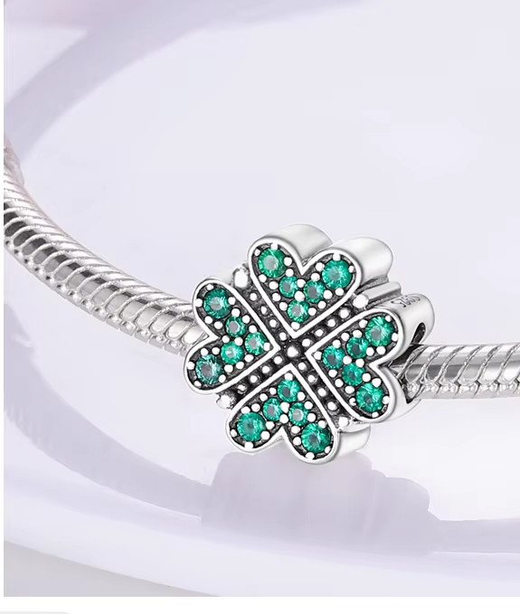 GREEN CZ 4 LEAF HEART CLOVER S925 STERLING SILVER CHARM BRACELET BEAD & POUCH!
