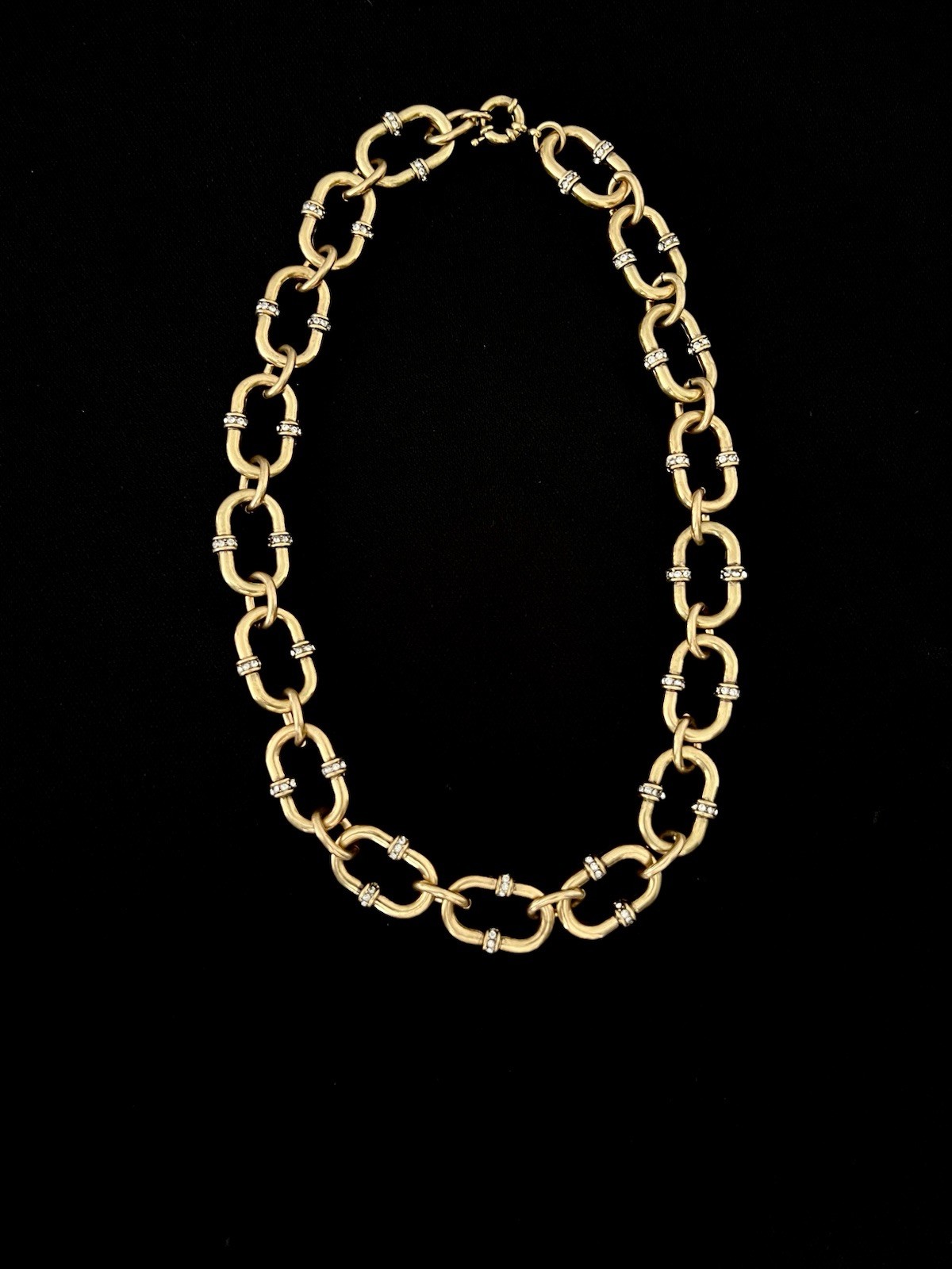 Heavy Chunky Antiqued Gold Tone Large Links Choker Faux Diamond Accents 22.5in