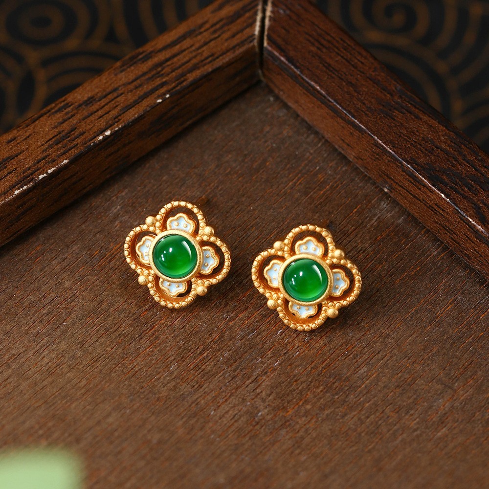 Jade Four-Leaf Clover Stud Earrings Minimalist Bamboo 18K Gold Plated Gemstone