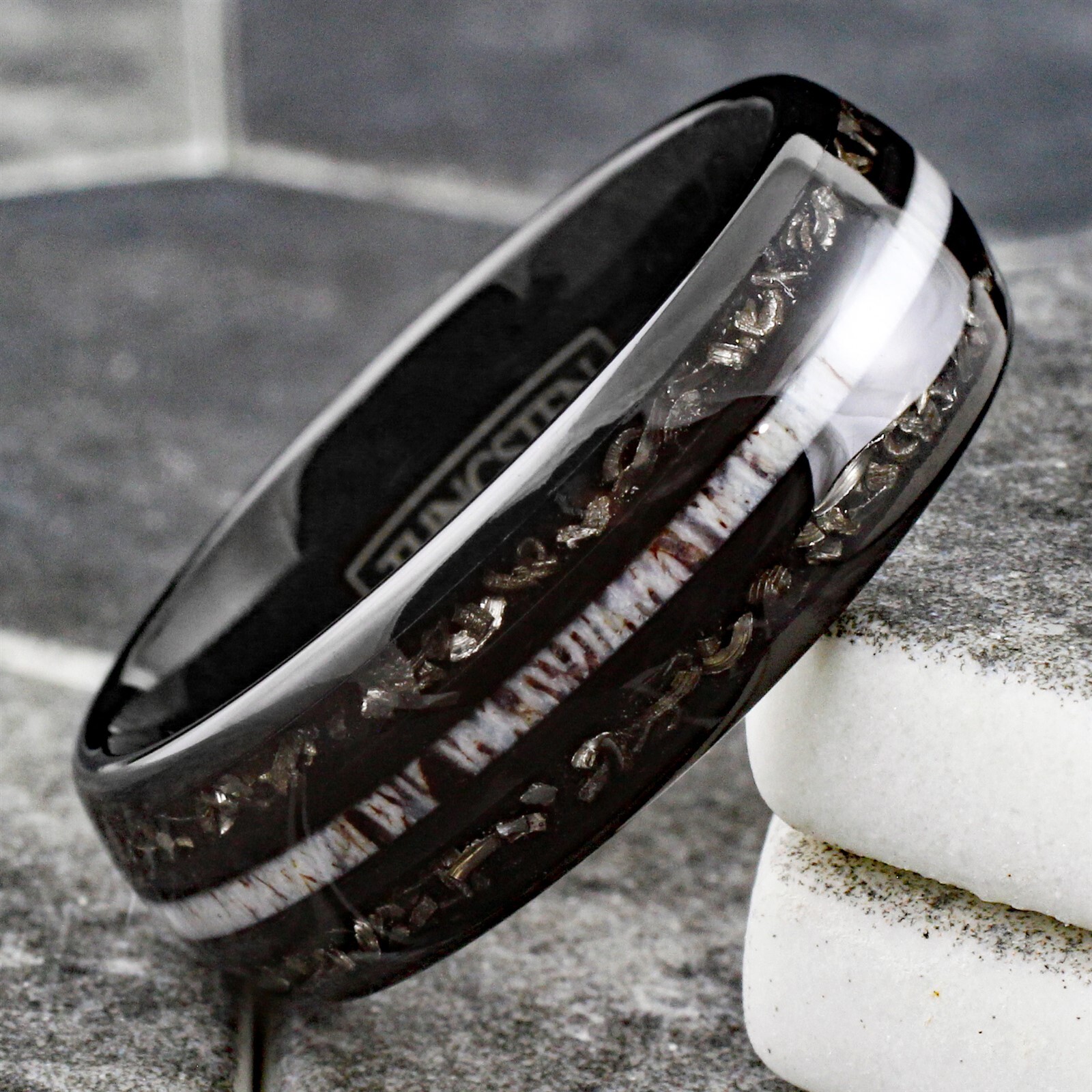 Personalized Black Tungsten Carbide Ring & Deer Antler & Meteorite Wedding Band