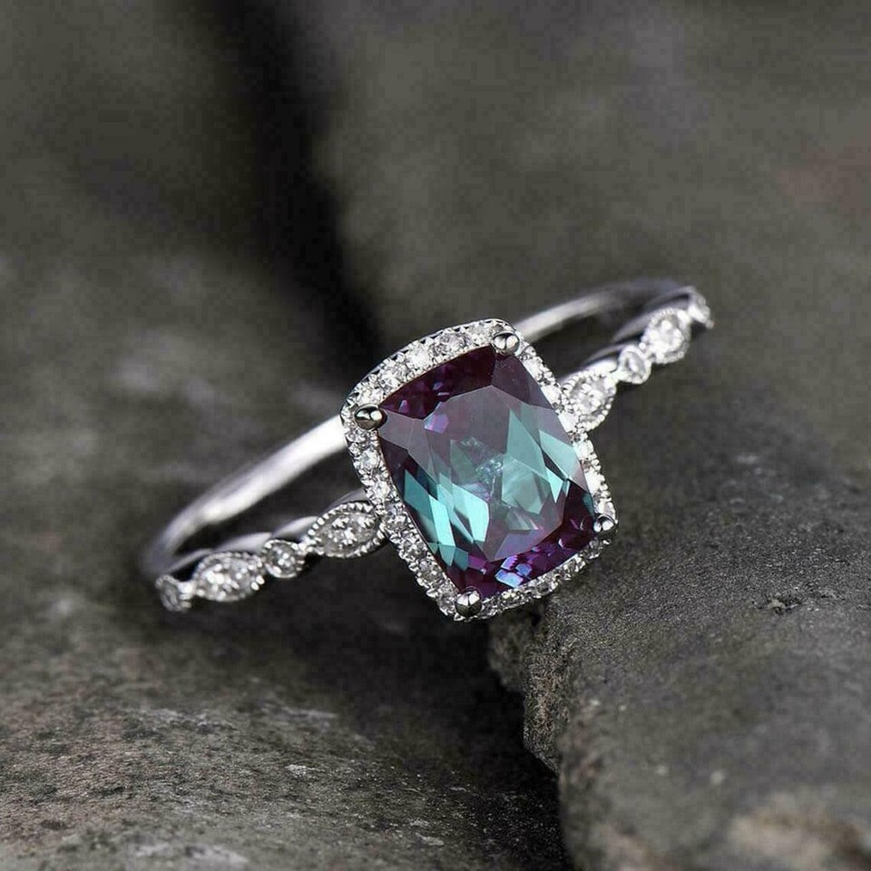2Ct Cushion Cut Alexandrite Halo Women’s Engagement Ring 14K White Gold Finish