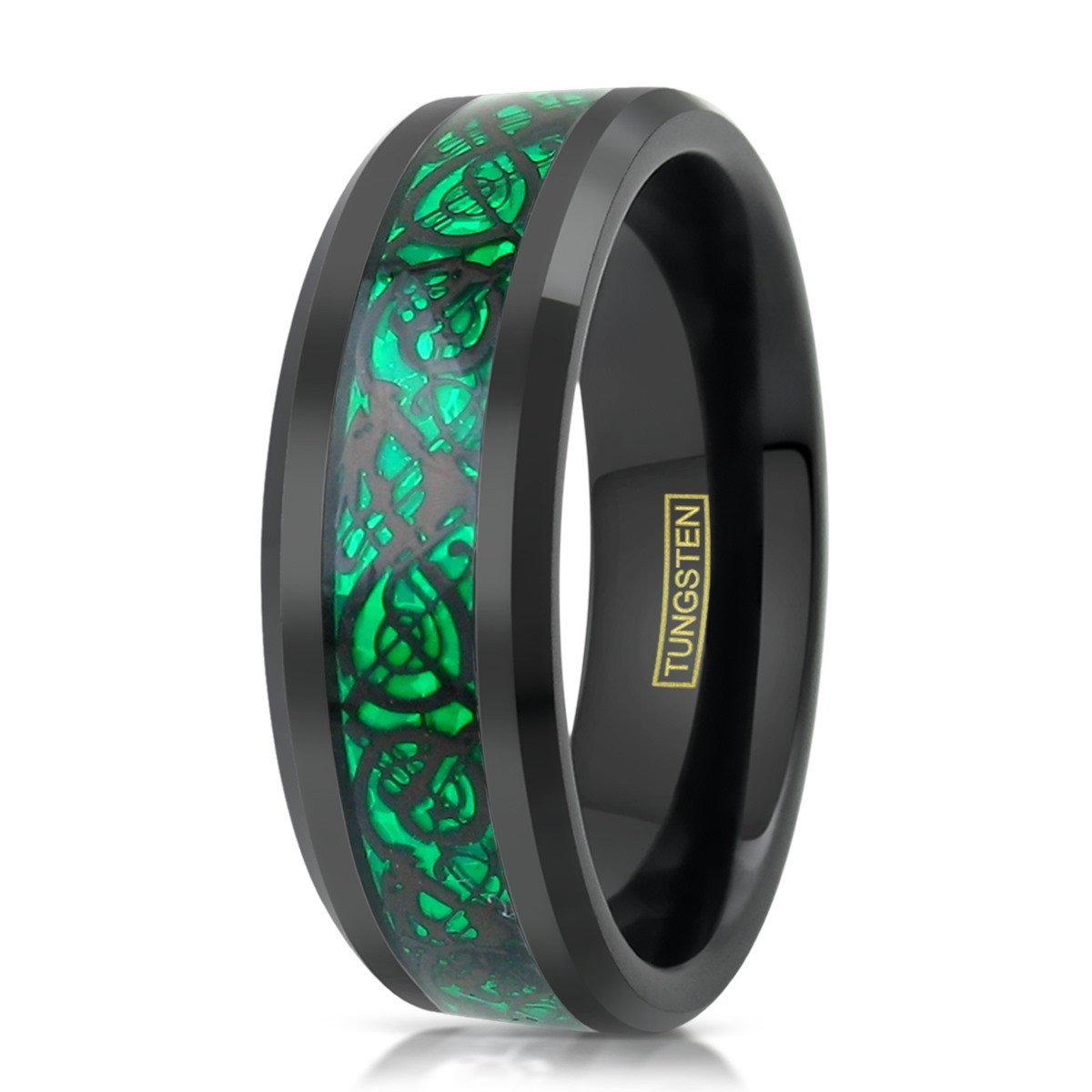8mm Black Tungsten Carbide Men’s Ring Green Celtic Dragon Wedding Band