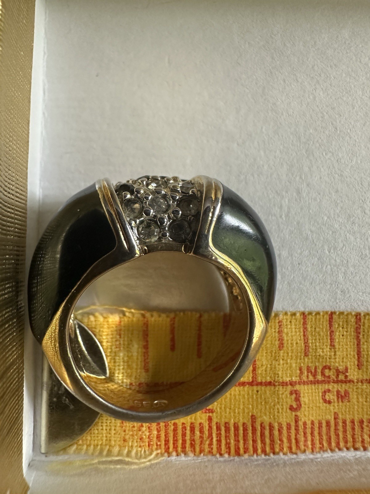 Black Enamel Dome Band Ring Clear Crystals Signed, Size 6.5 Vintage