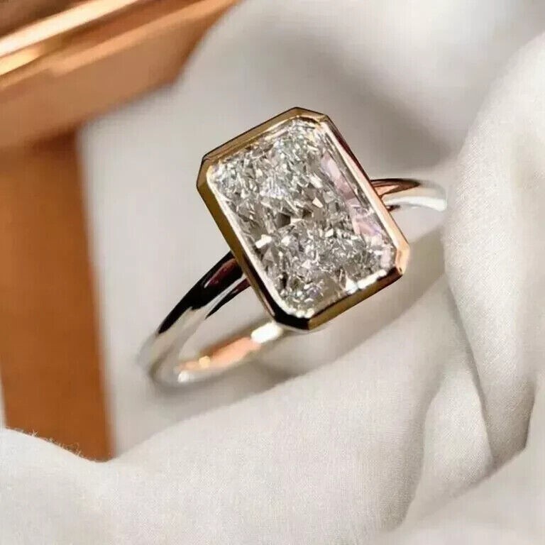 3CT Radiant-Cut Real Moissanite Bezel Engagement Ring 14K Yellow Gold Plated