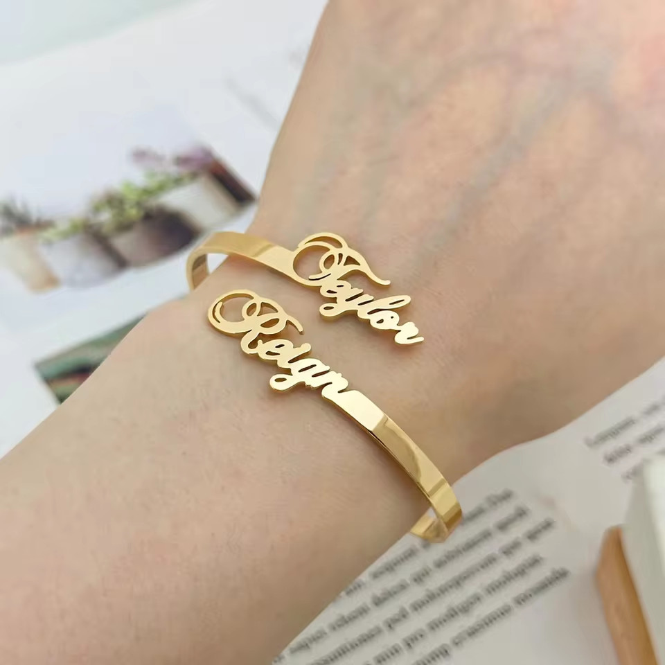 Customized Double Name Engraved Stainless Steel Bracelet Cuff Anniversary Gift