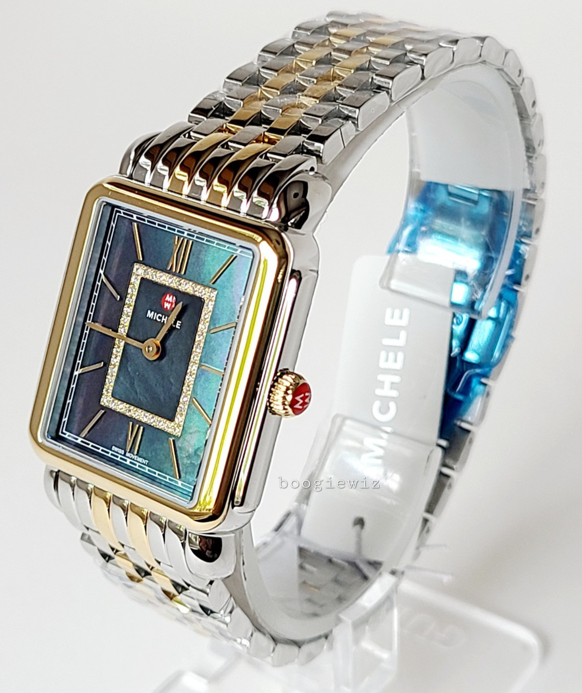 MICHELE SWISS DECO II DIAMOND 2 TONE NAVY FACE WATCH, MWW06X000050 NIB