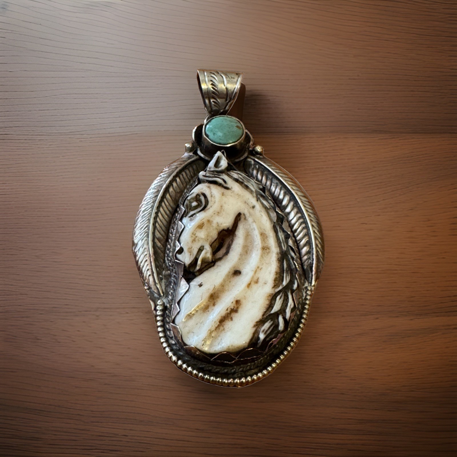 Hand Carved Bone Pendant,Horse Face Art,Floral Carving Back,Turquoise,Silver 32g