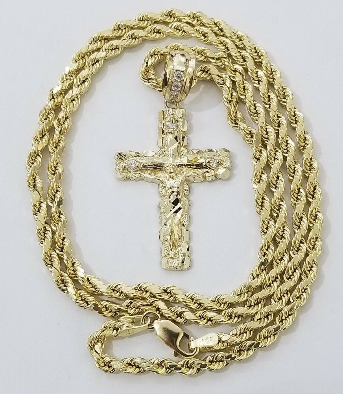 Real 10k Gold Rope Chain Necklace Jesus Cross Charm Pendant Set 16-28″ inch 3mm