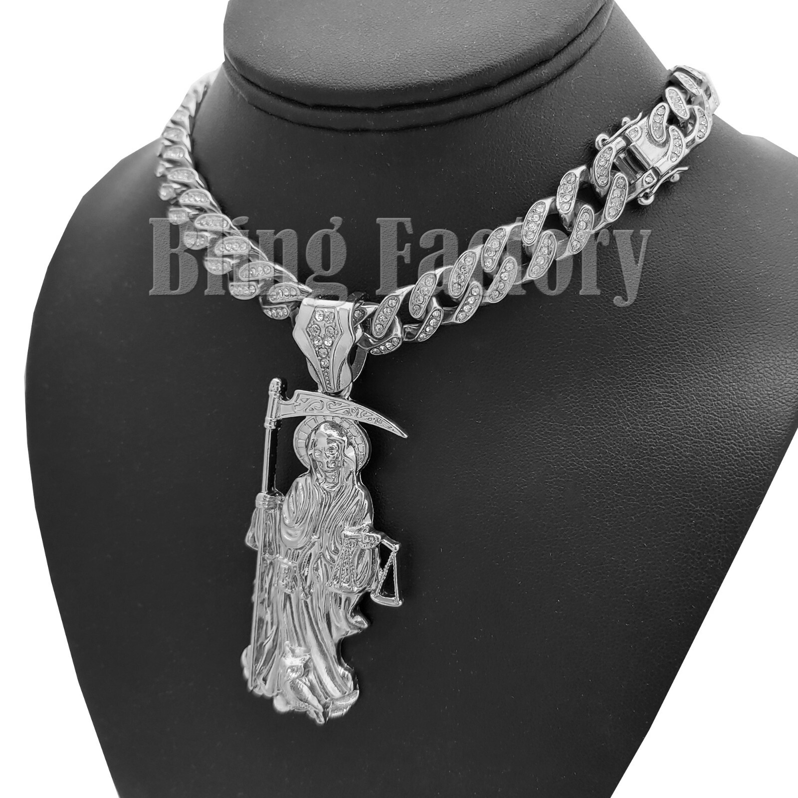 Silver Plated Alloy SAINT DEATH SANTA MUERTE Cubic Zirconia Cuban Chain Necklace