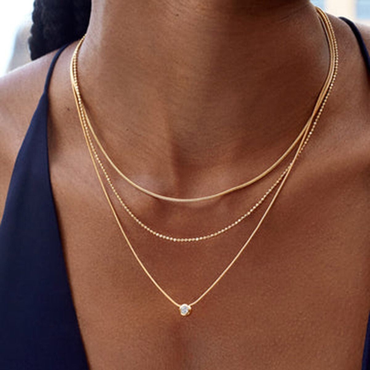 Woman 18k Gold Plated CZ Triple Layers Beaded Ball Snake Chain Necklace