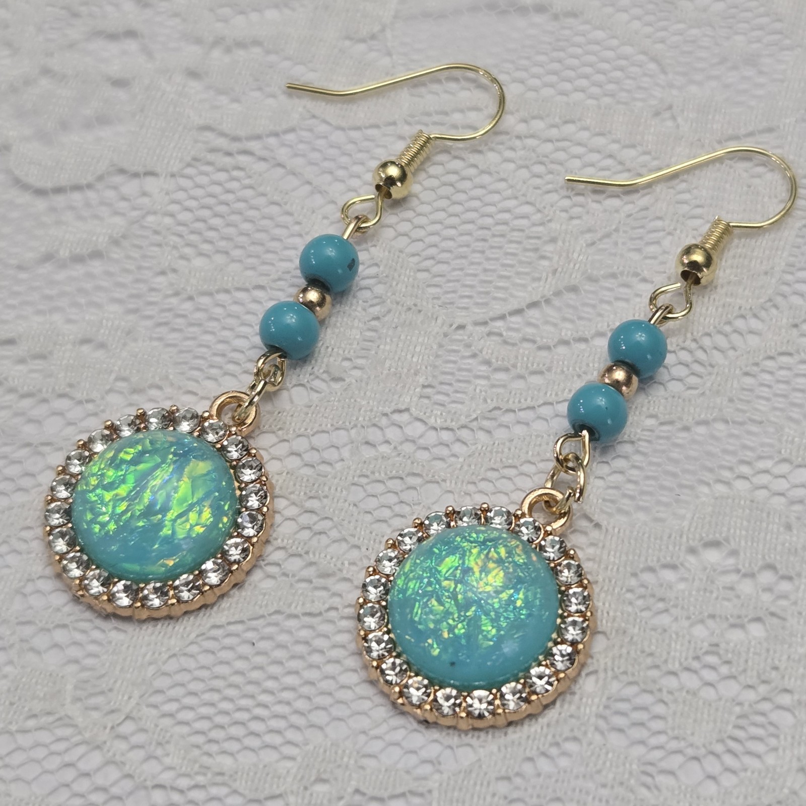 Earrings Gold Blue Beaded Dangle Drop Iridescent Center Glass Hook Fashion