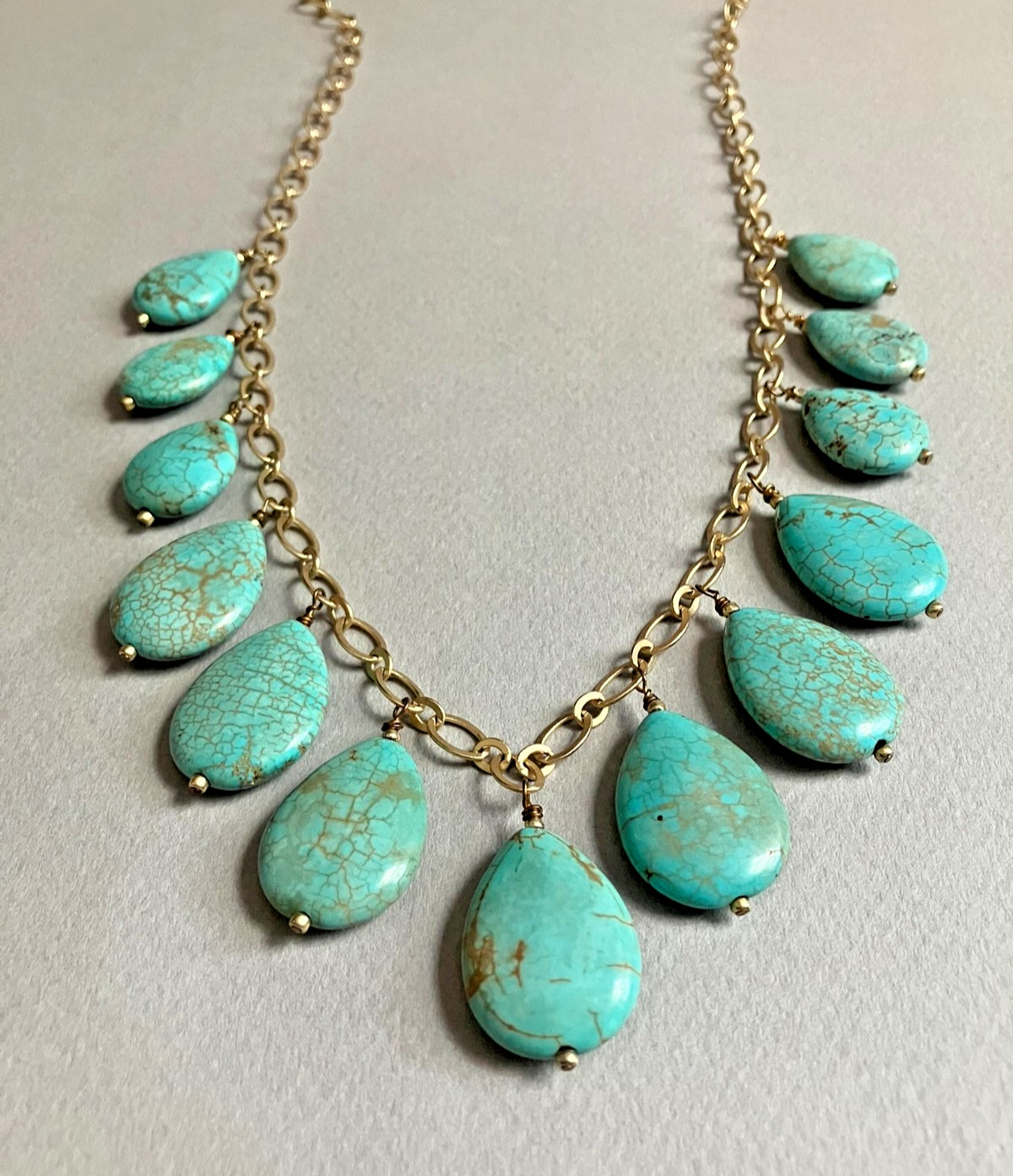 Handmade Blue Green MAGNESITE and MATTE Gold Plated Statement Necklace 24 in