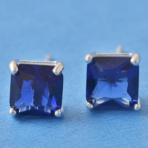 New White Gold Filled 6mm Princess Square Cut Sapphire Blue CZ Stud Earrings
