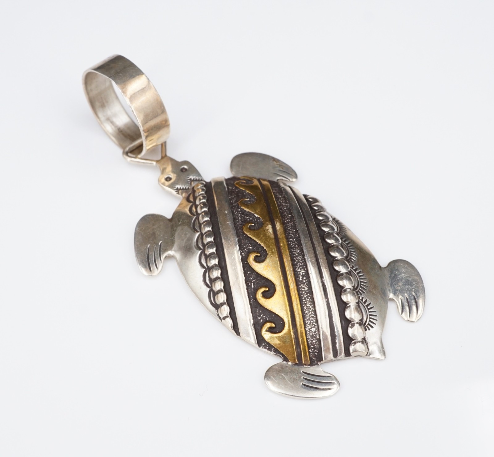 Navajo 2-Tone Sea Turtle Pendant Overlay Sterling Silver 3″ Thomas Singer PS2342