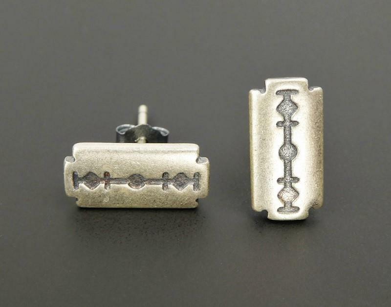 Handmade Sterling Silver Nice Detail Tiny Razer Blade Stud Post Earrings Unique