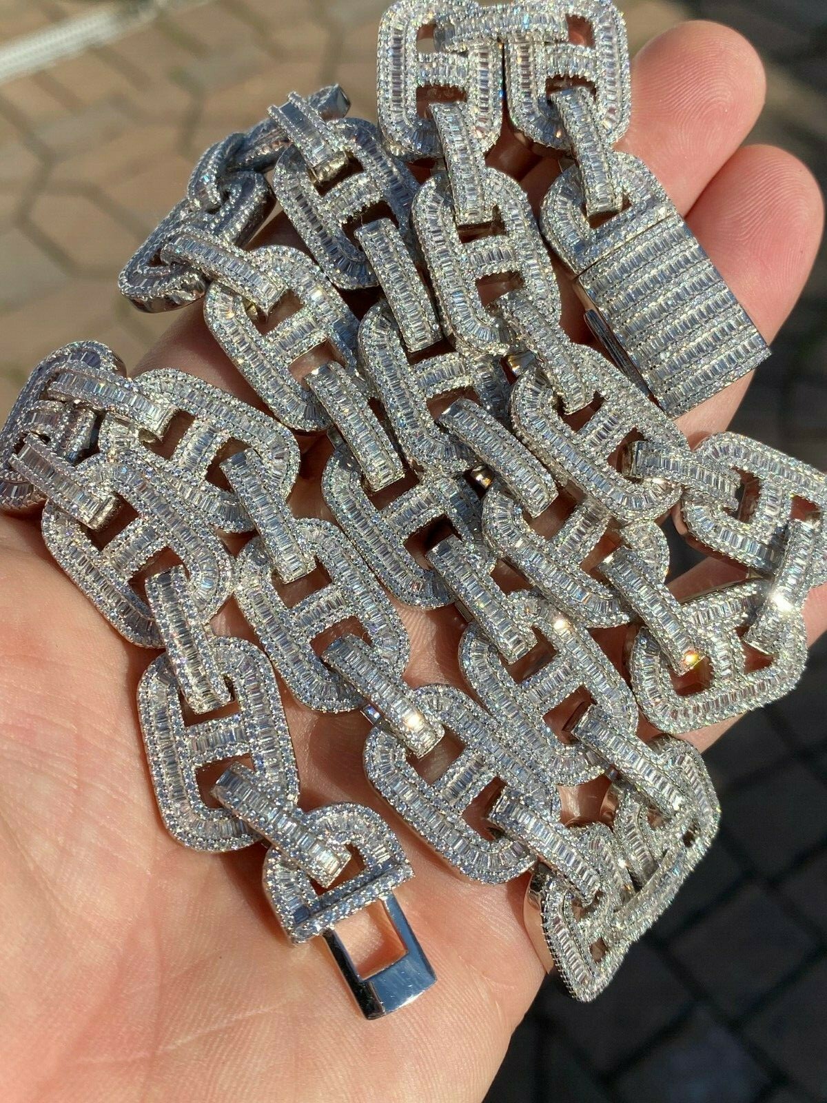 Solid 925 Sterling Silver Baguette Gucci Link Chain Iced 15mm Thick Bust Down CZ