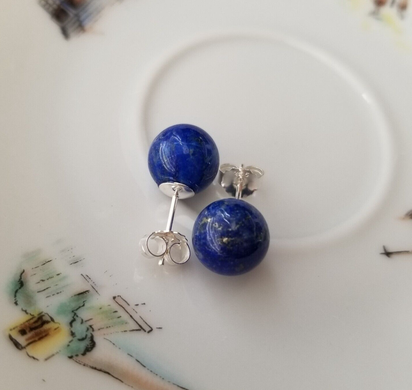 Solid 925 Sliver Natural Blue Lapis Lazuli 10mm Round Ball Stud Earrings