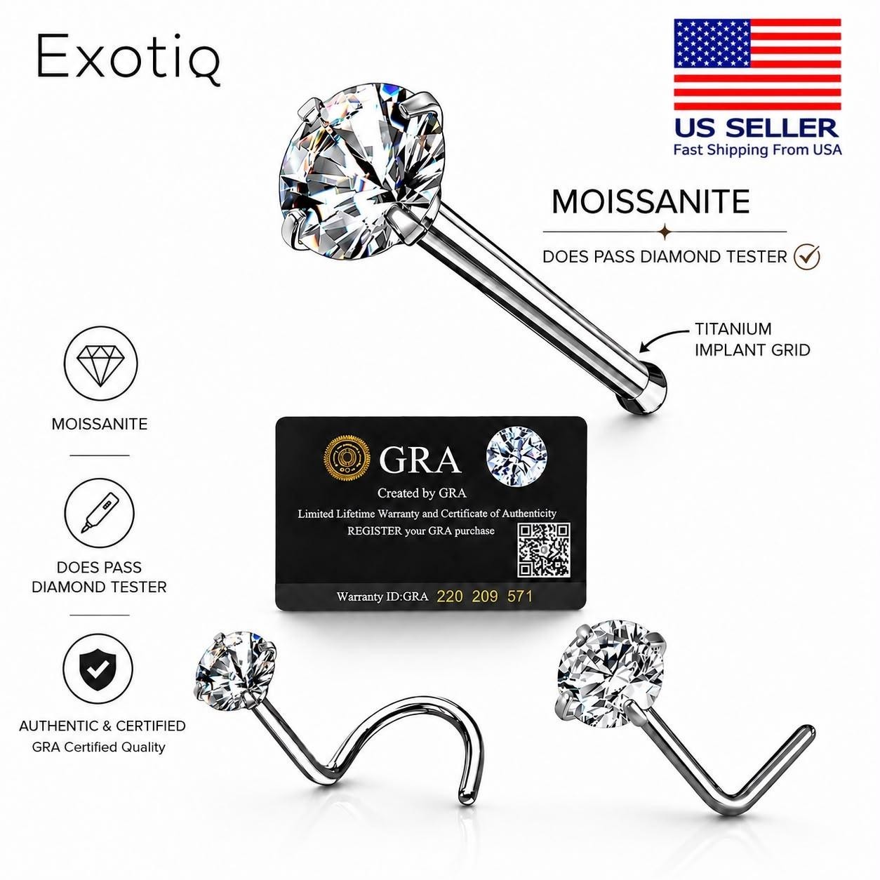 Moissanite Stone Titanium Nose Stud/Ring Piercing 18 Gauge passes Diamond Tester