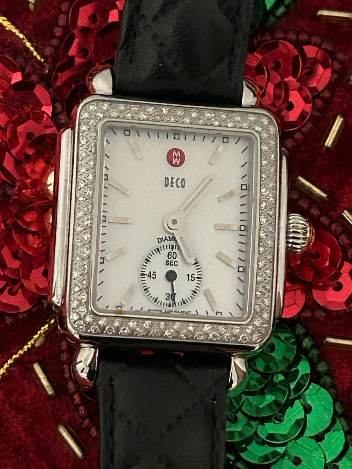 Michele Deco Diamond Watch .49ct 108 Diamonds Black Leather Sapphire