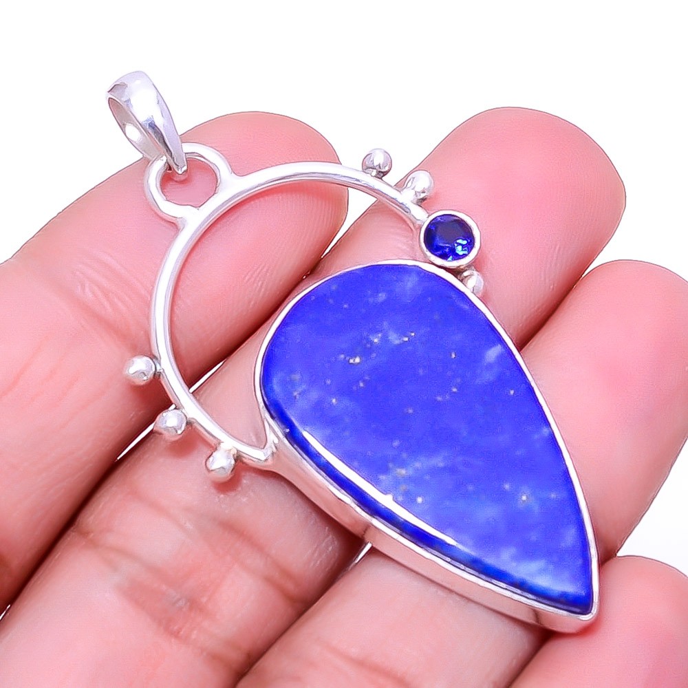 Lapis Lazuli – Afghanistan & Blue Sapphire Simulated 925 Silver Pendant 2.15″ P5
